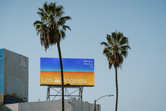 Outdoor billboard mockup with gradient design and Los Angeles text, framed by palm trees against a clear sky, for advertising design presentations.